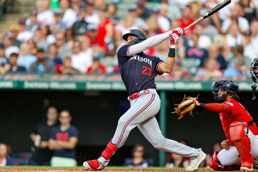 Minnesota Twins third baseman Royce Lewis (23) hits a grand slam during the second inning of the Major League Baseball game between the Minnesota Twins and Cleveland Guardians on September 4, 2023, at Progressive Field in Cleveland, OH.