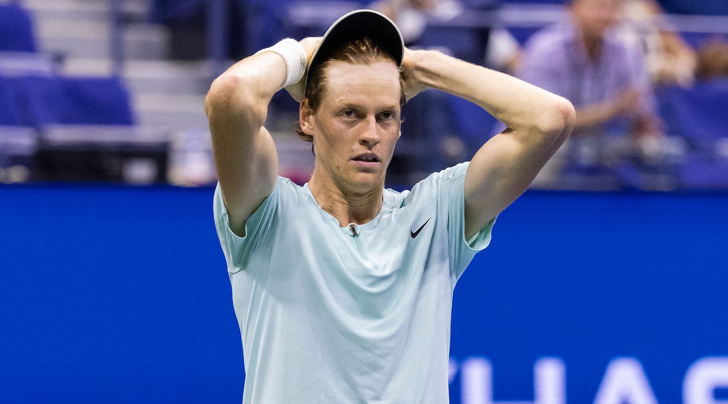 Italy's Jannik Sinner reacts during the US Open tennis tournament men's singles round of 16 match against Germany's Alexander Zverev at the USTA Billie Jean King National Tennis Center in New York City, early morning on September 5, 2023. (Photo by COREY SIPKIN / AFP) (Photo by COREY SIPKIN/AFP via Getty Images)