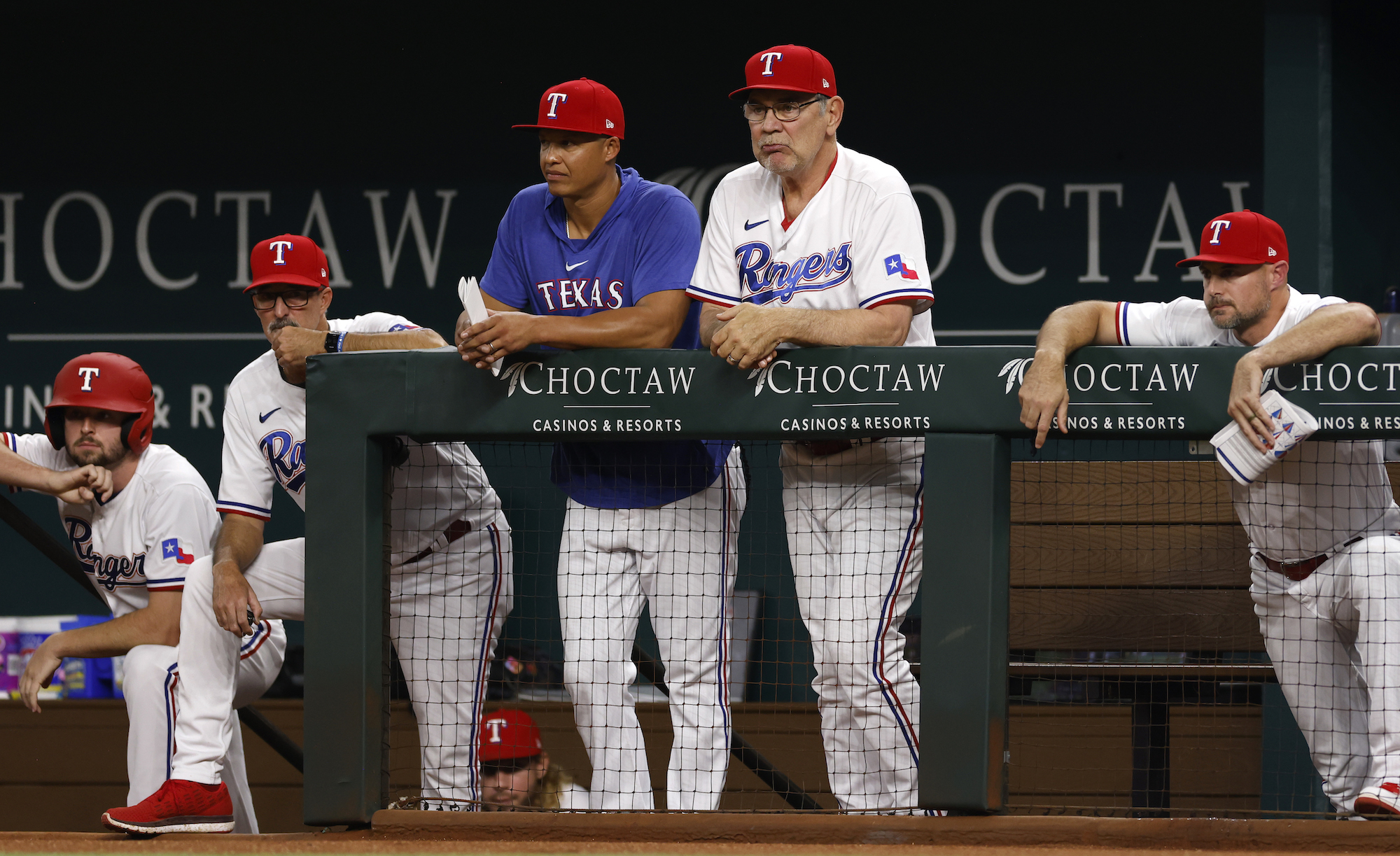 ARLINGTON, TX - SEPTEMBER 5: Manager Bruce Bochy #15 of the Texas Rangers watches action against the Houston Astros during the second inning at Globe Life Field on September 5, 2023 in Arlington, Texas. (Photo by Ron Jenkins/Getty Images)