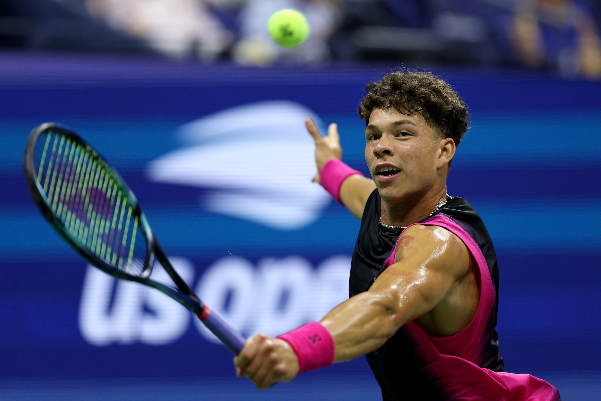Ben Shelton volleys the ball during his U.S. Open quarterfinal against Frances Tiafoe