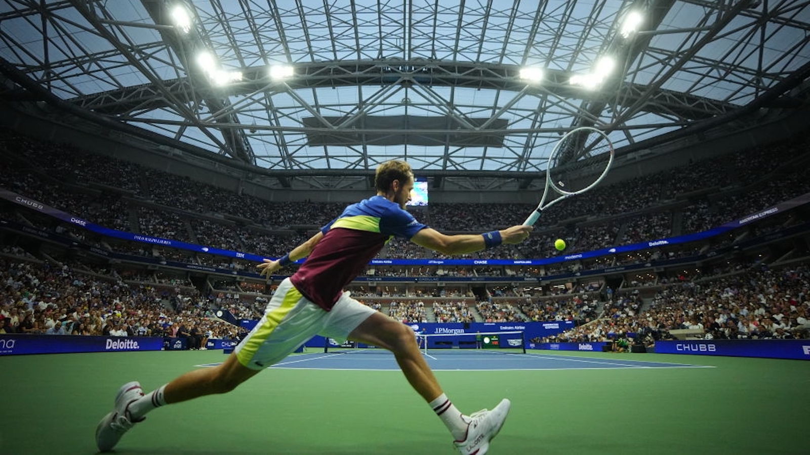 Russia Daniil Medvedev in action, returns the ball vs Serbia Novak Djokovic during the Men's Singles Finals match at Arthur Ashe Stadium.