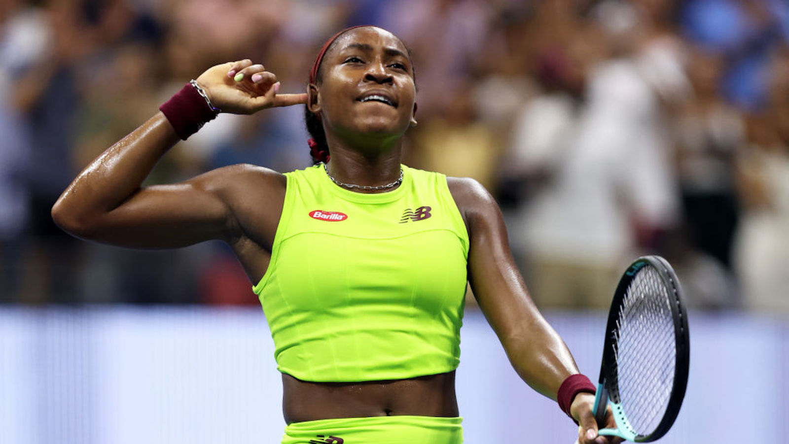 Coco Gauff of the United States celebrates match point against Karolina Muchova of the Czech Republic during their Women's Singles Semifinal match on Day Eleven of the 2023 US Open at the USTA Billie Jean King National Tennis Center on September 07, 2023 in the Flushing neighborhood of the Queens borough of New York City.