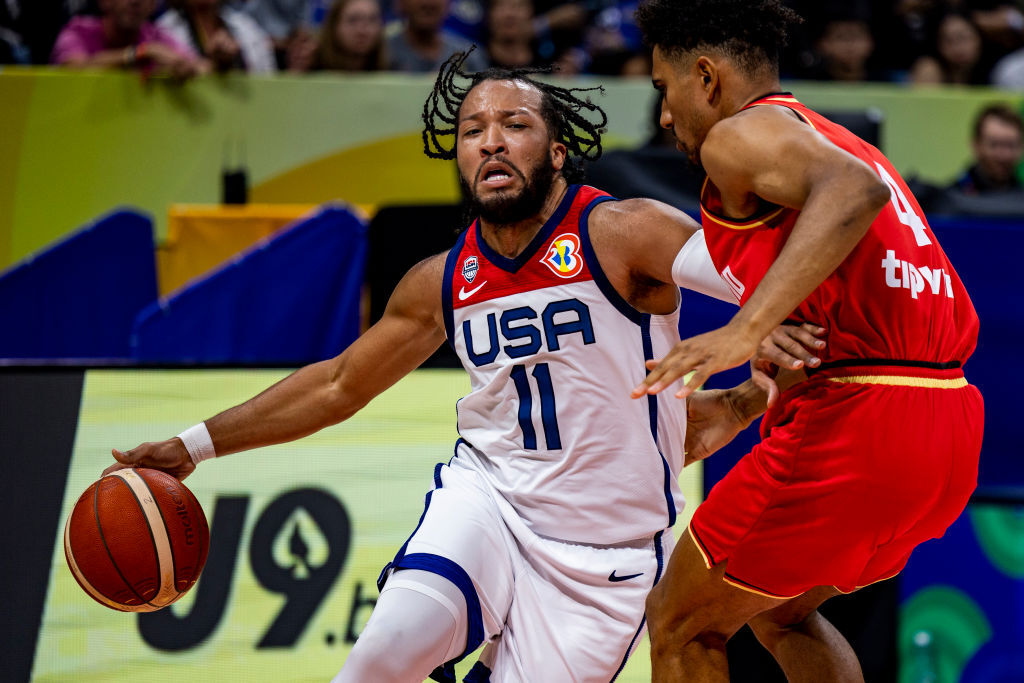 MANILA, PHILIPPINES - SEPTEMBER 08: Jalen Brunson #11 of the United States drives to the basket against Maodo Lo #4 of Germany during the FIBA Basketball World Cup Semi Final game between USA and Germany at Mall of Asia Arena on September 08, 2023 in Manila, Philippines. (Photo by Ezra Acayan/Getty Images)