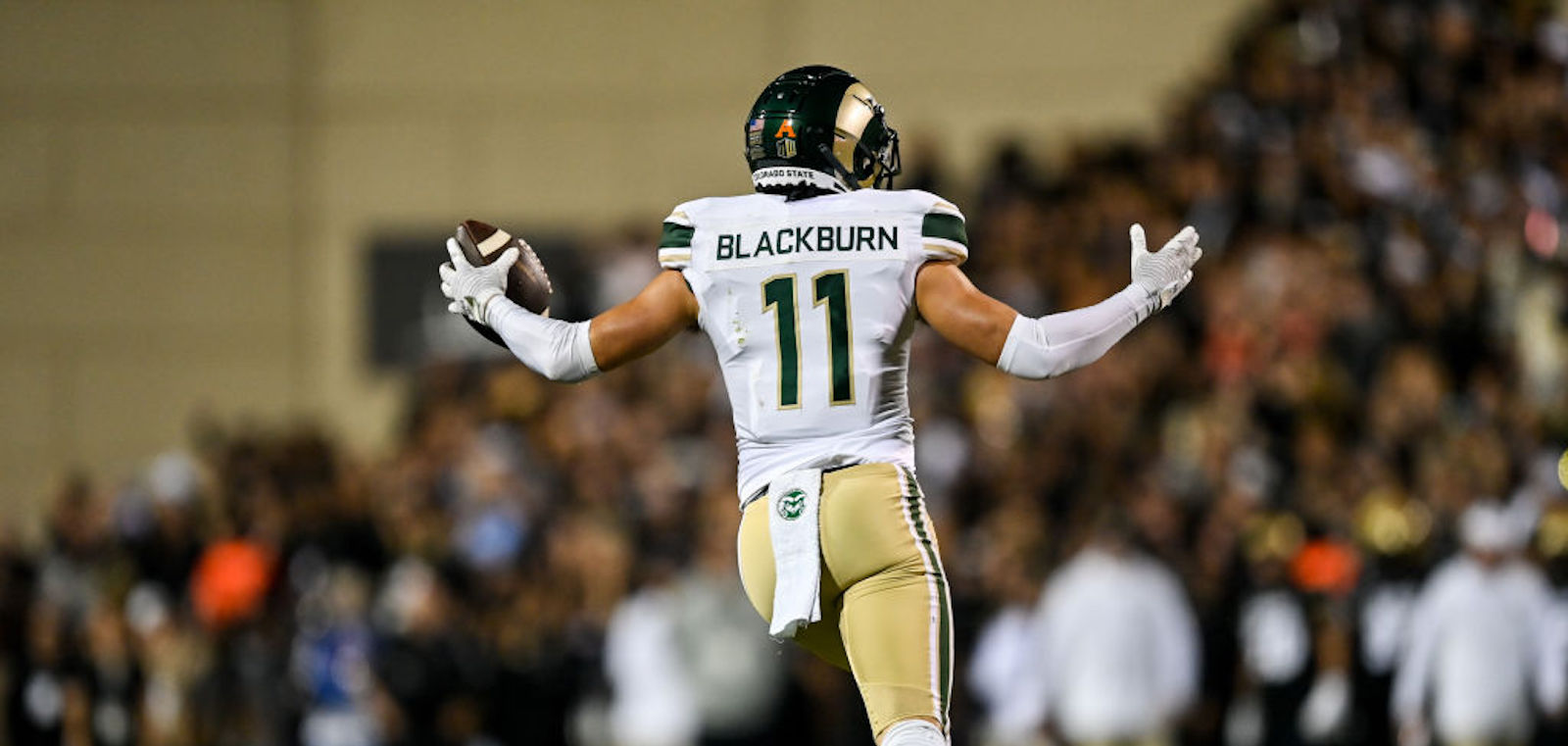 Defensive back Henry Blackburn #11 of the Colorado State Rams celebrates after a first quarter interception against the Colorado Buffaloes at Folsom Field on September 16, 2023 in Boulder, Colorado.
