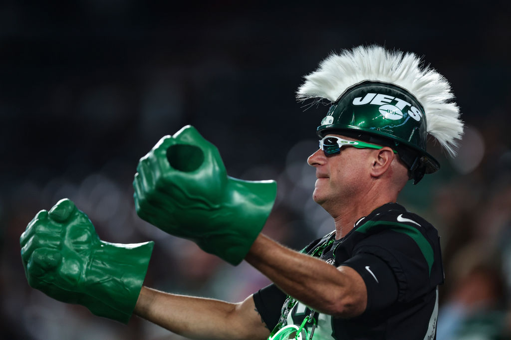A New York Jets fan looks on from the crowd during a game against the Tampa Bay Buccaneers at MetLife Stadium on Saturday, August 19, 2023, in East Rutherford, New Jersey.