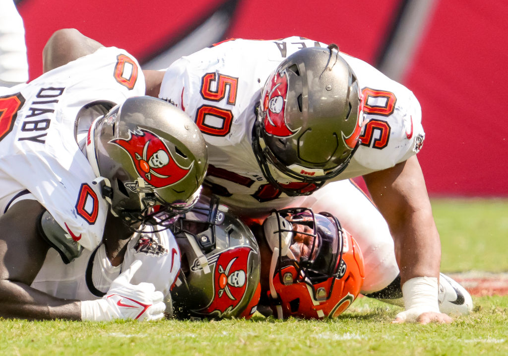 Chicago Bears quarterback Justin Fields (1) gets sacked during the NFL Football match between the Tampa Bay Buccaneers and Chicago Bears on September 17, 2023 at TIAA Bank Field Stadium, FL.