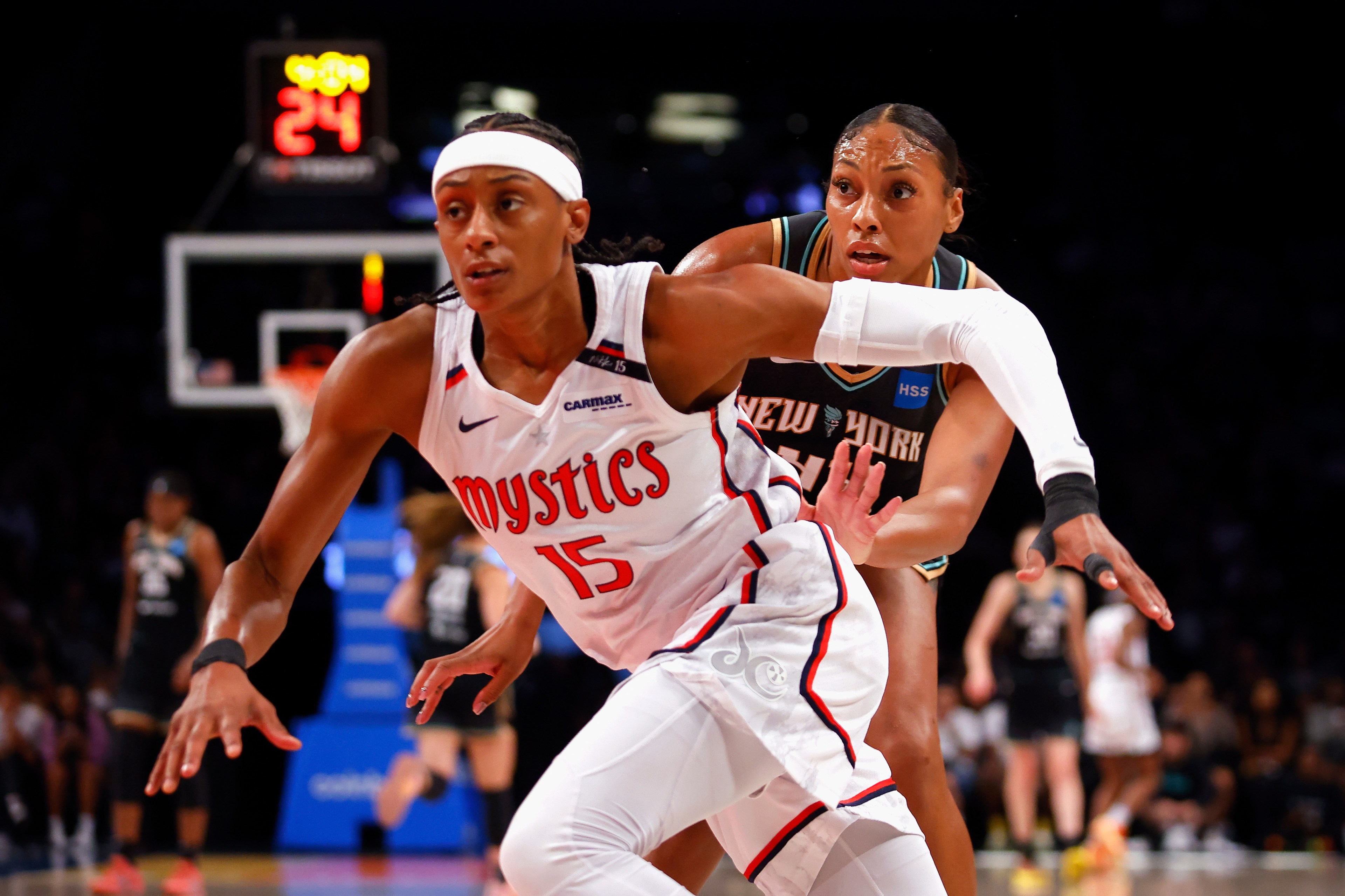 Brittney Sykes #15 of the Washington Mystics plays against the New York Liberty at Barclays Center on September 10, 2023 in the Brooklyn borough of New York City.