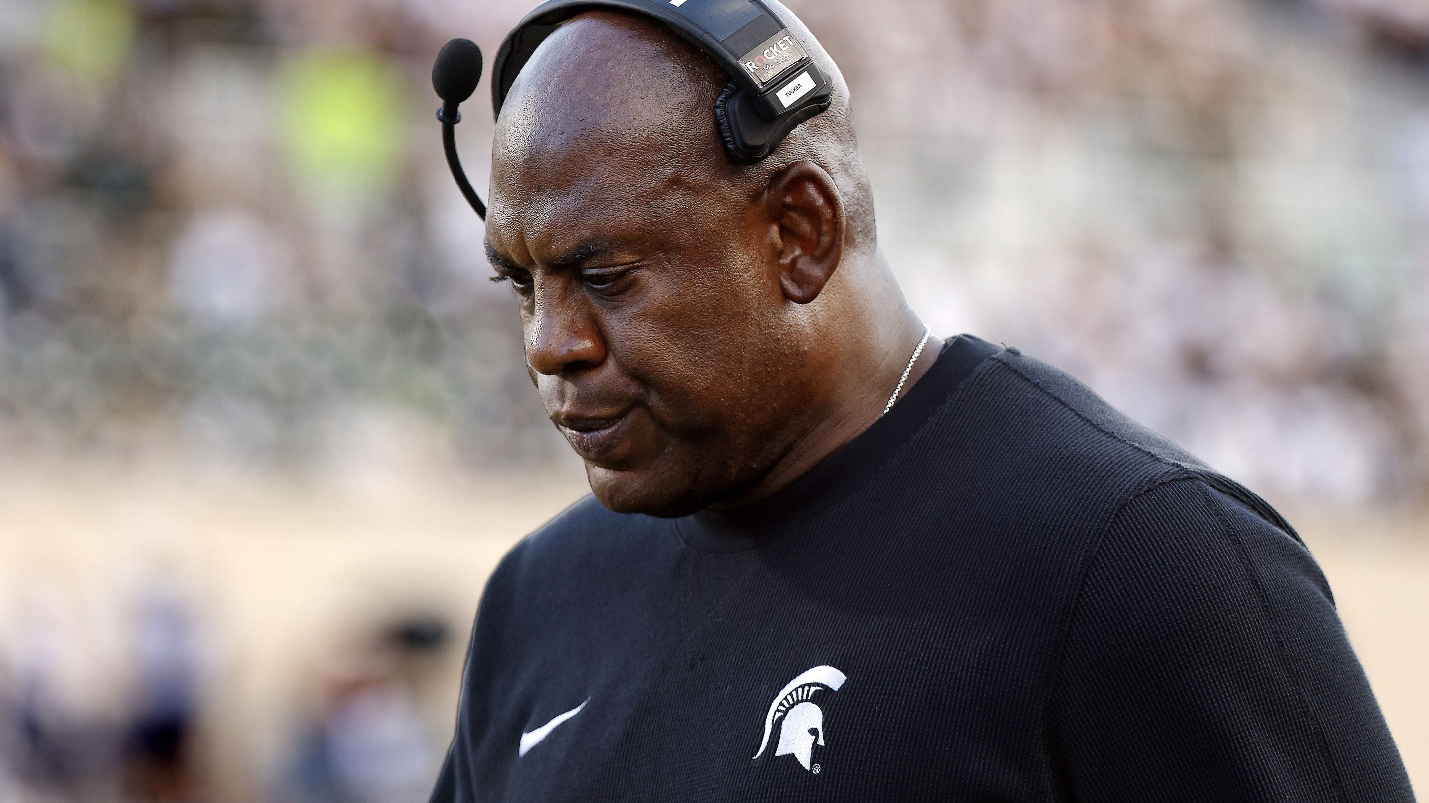 Head coach Mel Tucker of the Michigan State Spartans looks on in the fourth quarter of a game agains the Richmond Spiders at Spartan Stadium on September 09, 2023 in East Lansing, Michigan.