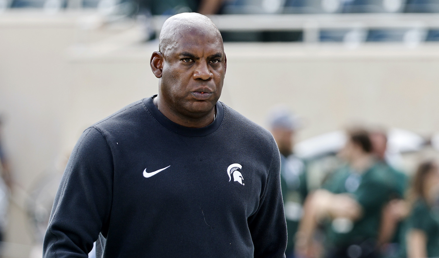 EAST LANSING, MICHIGAN - SEPTEMBER 09: Head coach Mel Tucker of the Michigan State Spartans looks on prior to a game against the Richmond Spiders at Spartan Stadium on September 09, 2023 in East Lansing, Michigan. (Photo by Mike Mulholland/Getty Images)