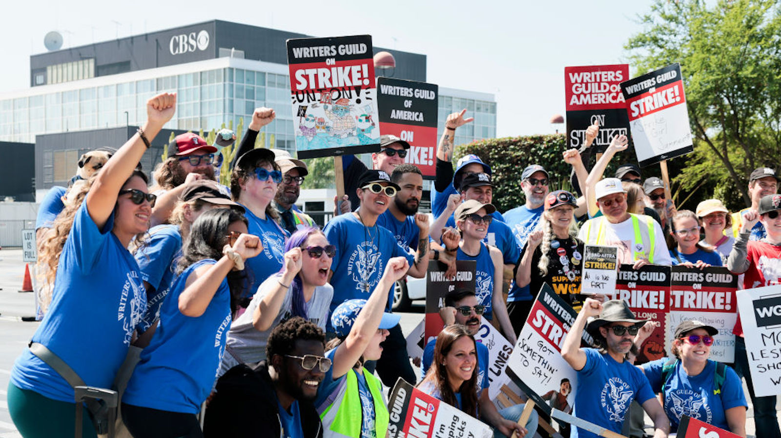 Members of WGA cheer at the end of their picket in front of CBS Television City on Sunday, Sept. 24, 2023 in Hollywood, CA. Saturday marked the fourth straight day of talks, which kicked off Wednesday with the heads of four major studios participating directly. The union and studio alliance had not announced a deal as of early Saturday evening.