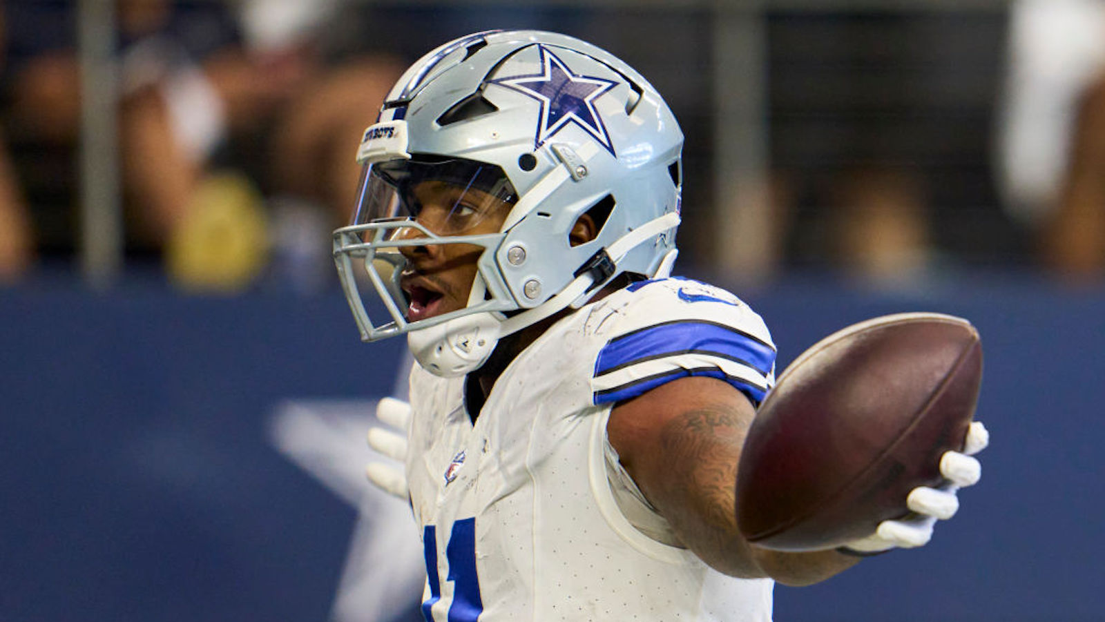 Micah Parsons #11 of the Dallas Cowboys celebrates after recovering a fumble against the New York Jets during the second half at AT&amp;T Stadium on September 17, 2023 in Arlington, Texas.