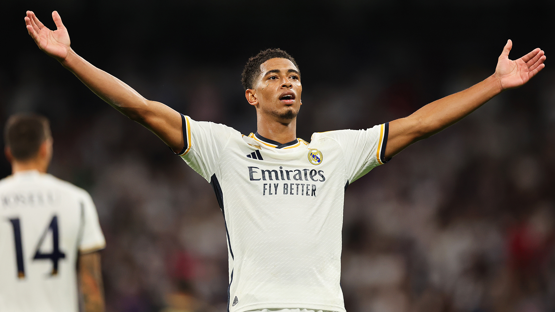 Jude Bellingham of Real Madrid celebrates after scoring their sides first goal during the UEFA Champions League match between Real Madrid CF and 1. FC Union Berlin at Estadio Alfredo Di Stefano on September 20, 2023 in Madrid, Spain