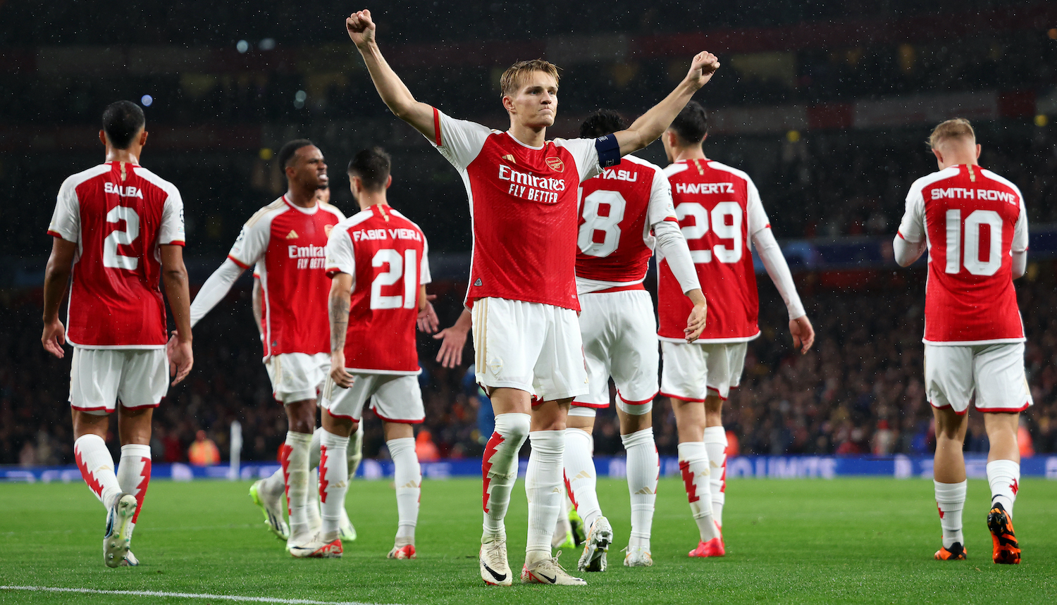 LONDON, ENGLAND - SEPTEMBER 20: Martin Oedegaard of Arsenal celebrates after scoring the team's fourth goal during the UEFA Champions League match between Arsenal FC and PSV Eindhoven at Emirates Stadium on September 20, 2023 in London, England. (Photo by Julian Finney/Getty Images)