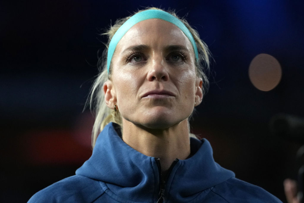 Julie Ertz #8 of the United States watches a tribute video after playing South Africa at TQL Stadium on September 21, 2023 in Cincinnati, Ohio.