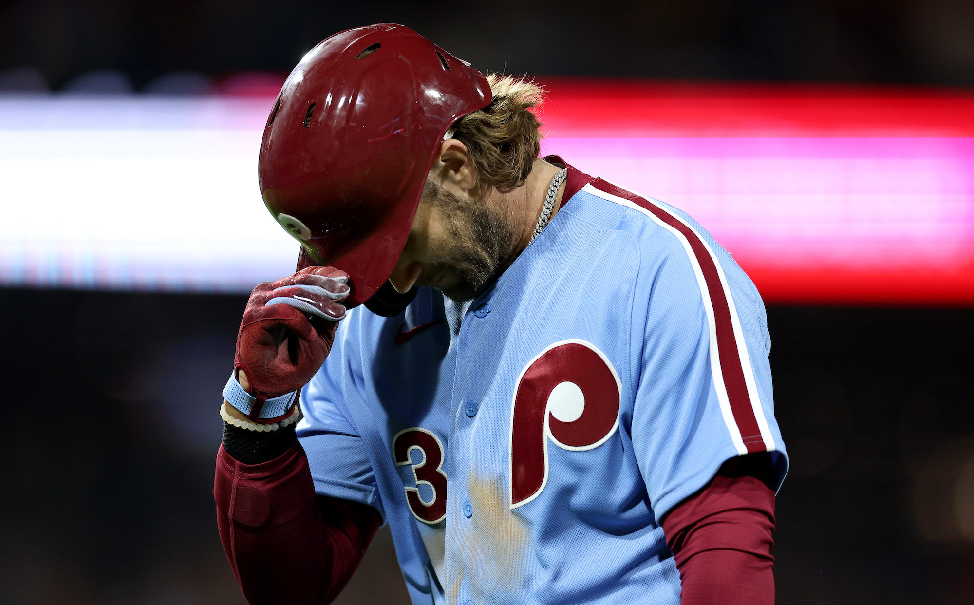 PHILADELPHIA, PENNSYLVANIA - SEPTEMBER 21: Bryce Harper #3 of the Philadelphia Phillies reacts during the fifth inning against the New York Mets at Citizens Bank Park on September 21, 2023 in Philadelphia, Pennsylvania. (Photo by Tim Nwachukwu/Getty Images)