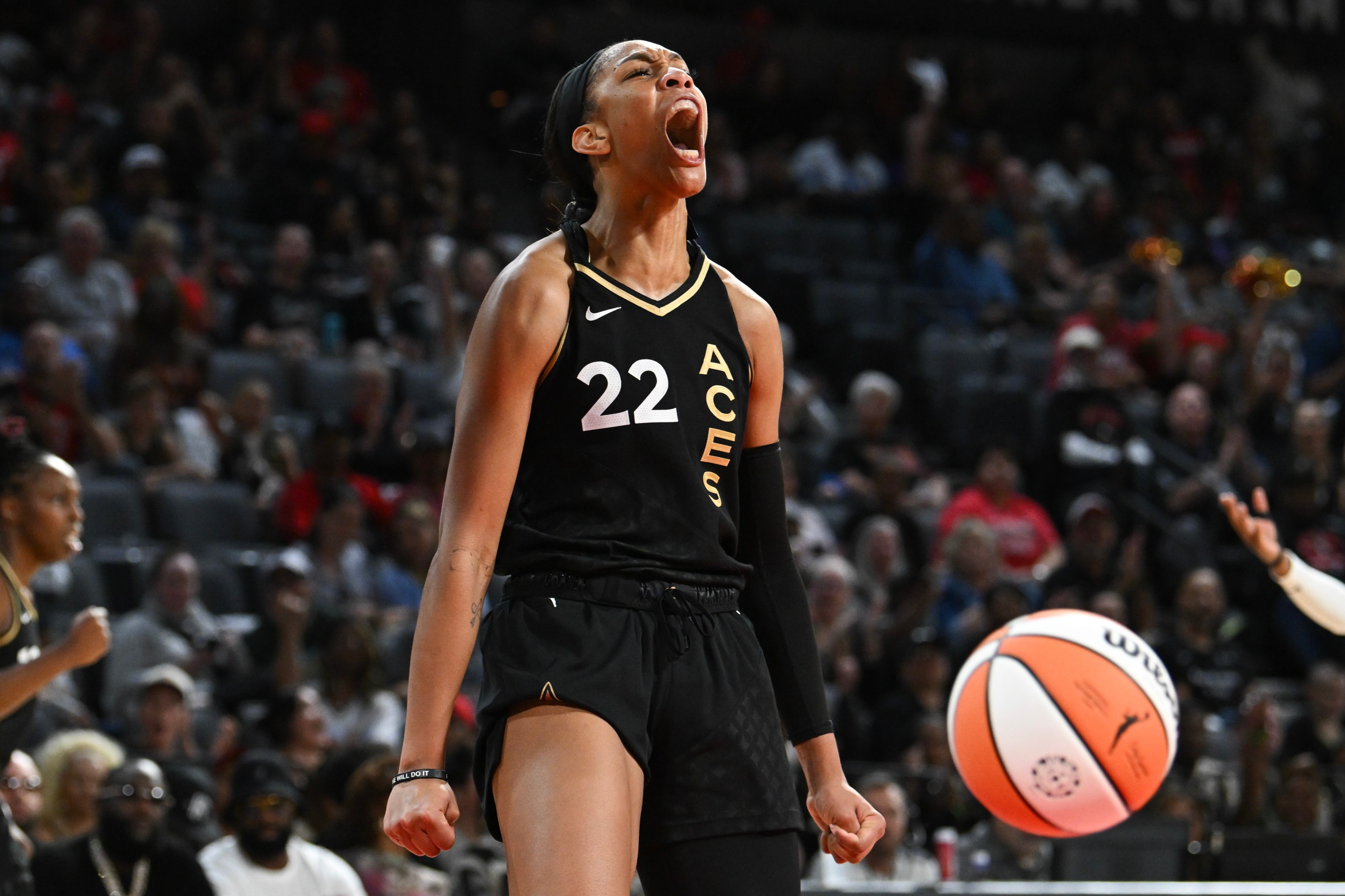 A'ja Wilson #22 of the Las Vegas Aces reacts to a play in the third quarter of Game One of the 2023 WNBA Playoffs semifinals against the Dallas Wings at Michelob ULTRA Arena on September 24, 2023 in Las Vegas, Nevada. The Aces defeated the Wings 97-83.