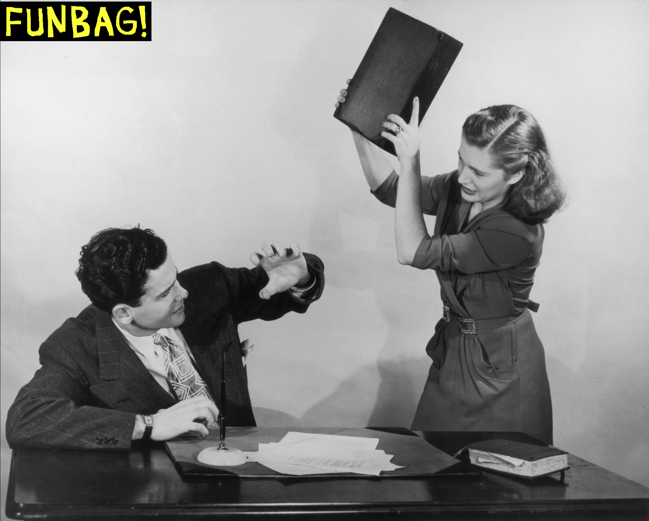 FUNBAG header art, it's a B&W image of a woman hitting a guy with a briefcase or book or something