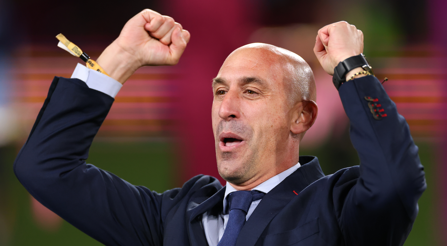 RFEF president Luis Rubiales pumps his fists and pulls a stupid face at the World Cup medal ceremony. Rubiales resigned on Sept. 10 in the aftermath of forcibly kissing Spain star Jenni Hermoso on the mouth during that ceremony.