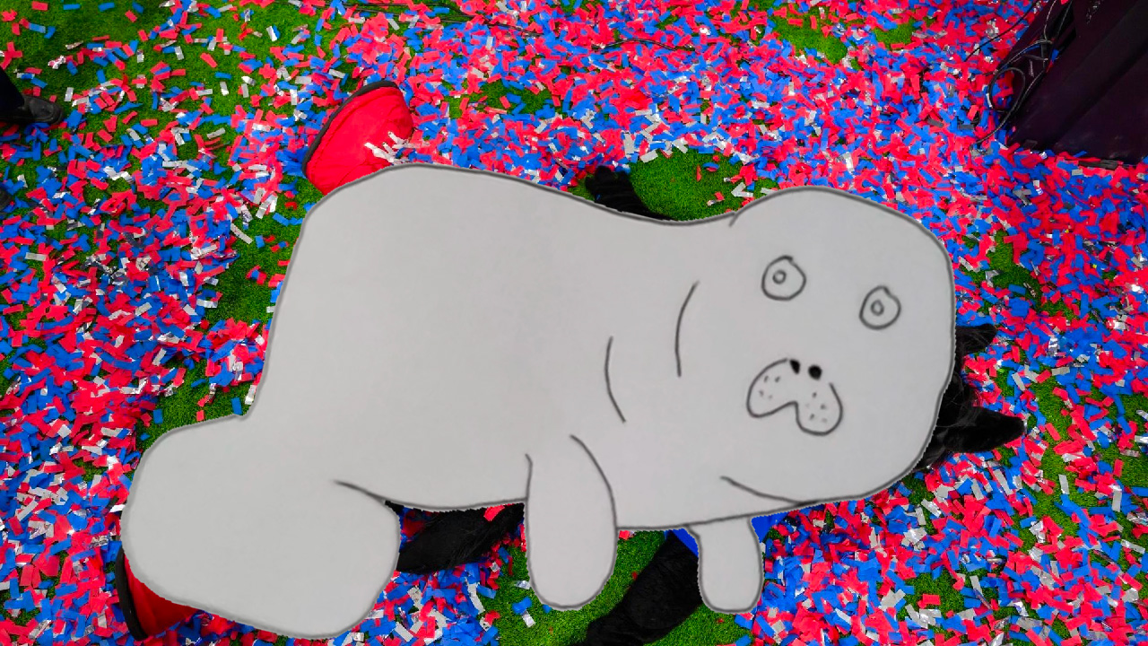 Devin the Dugong superimposed over the SMU mascot laying in a pool of confetti