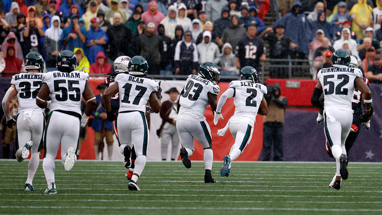 FOXBOROUGH, MA - SEPTEMBER 10: Philadelphia Eagles cornerback Darius Slay (2) takes an interception to the house during a game between the New England Patriots and the Philadelphia Eagles on September 10, 2023, at Gillette Stadium in Foxborough, Massachusetts.