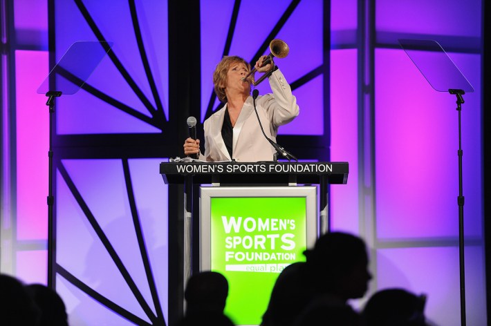 Diana Nyad blows a bugle at the 32nd Annual Salute To Women In Sports Gala at Cipriani Wall Street on October 19, 2011 in New York City.