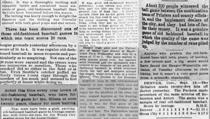 Collage of old newspaper articles describing games as "old-fashioned baseball" when they feature many runs and errors