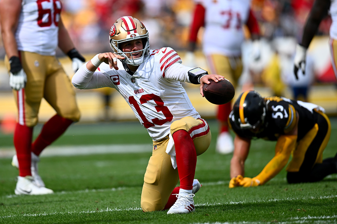 PITTSBURGH, PENNSYLVANIA - SEPTEMBER 10: Brock Purdy #13 of the San Francisco 49ers reacts after running for a first down in the fourth quarter of a game against the Pittsburgh Steelers at Acrisure Stadium on September 10, 2023 in Pittsburgh, Pennsylvania.
