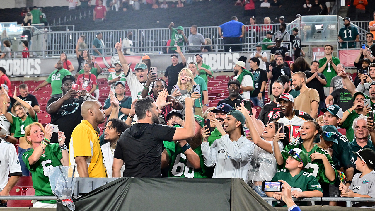 TAMPA, FLORIDA - SEPTEMBER 25: Head coach Nick Sirianni of the Philadelphia Eagles greets fans in the stands after a 25-11 victory against the Tampa Bay Buccaneers at Raymond James Stadium on September 25, 2023 in Tampa, Florida.