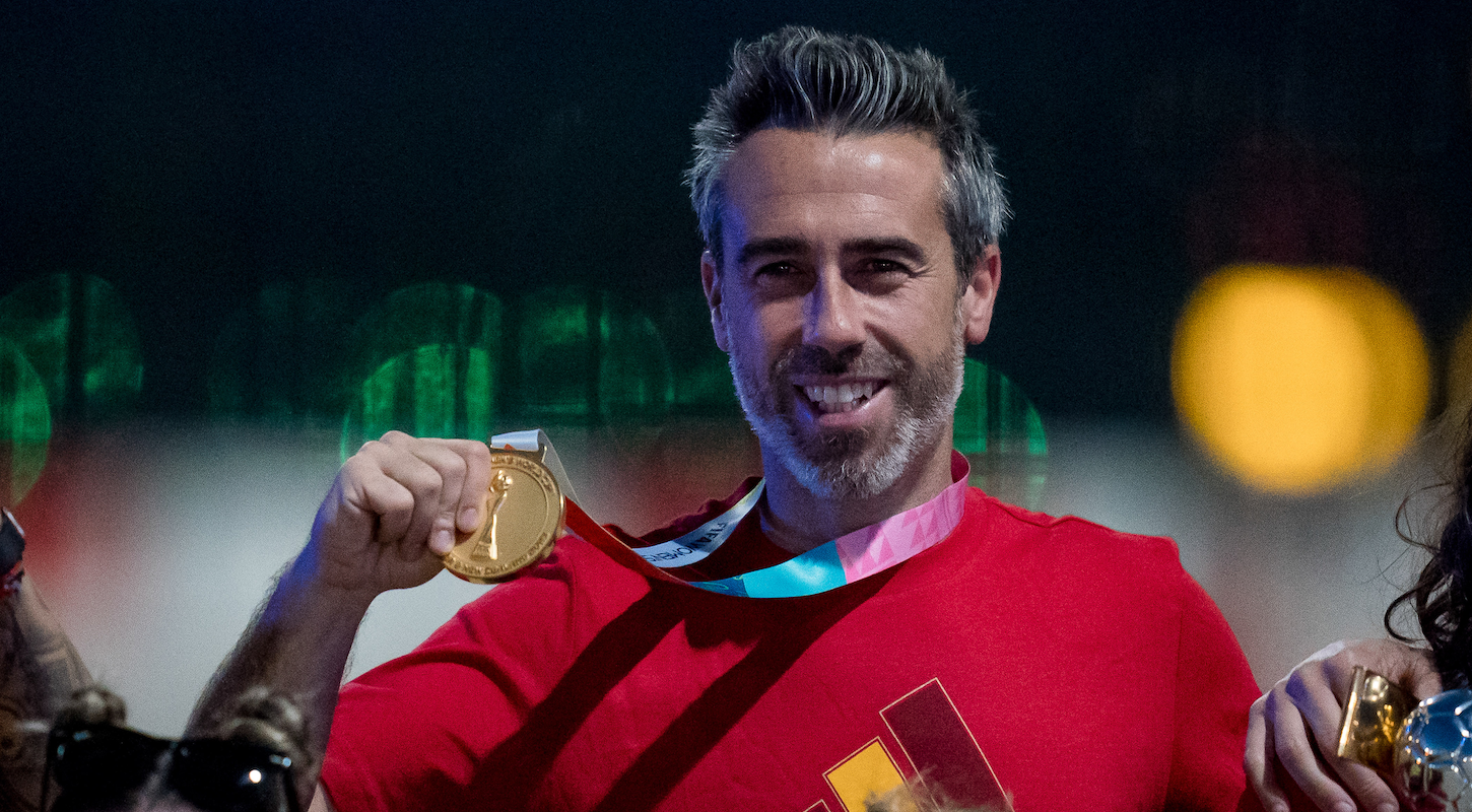 Spain women's national team coach Jorge Vilda, posing with his World Cup medallion. He got fired today, the big dumbass.