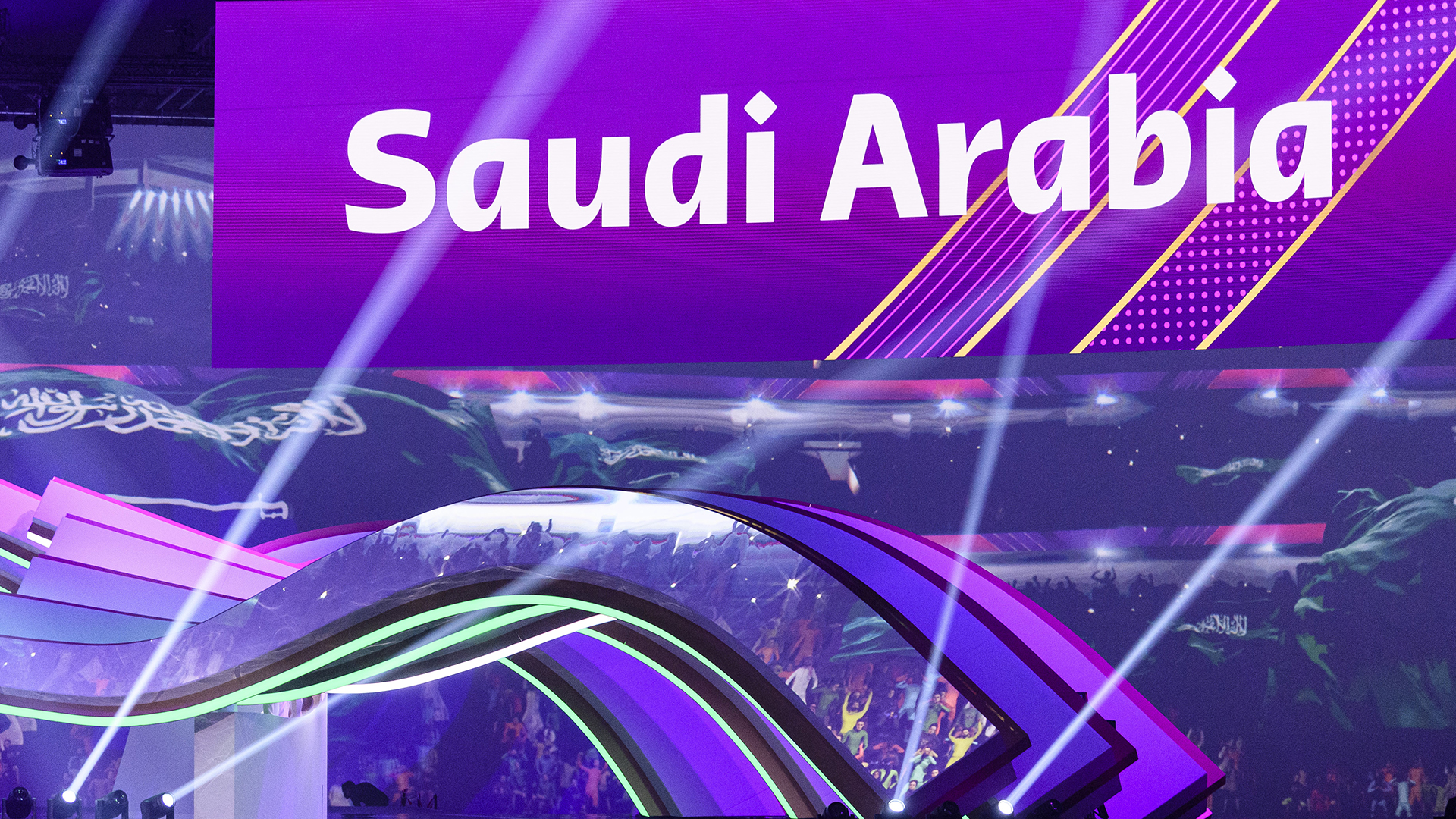 A general view of the performance as Saudi Arabia is displayed on the LED Screen during the FIFA World Cup Qatar 2022 Final Draw at Doha Exhibition Center on April 1, 2022 in Doha, Qatar.