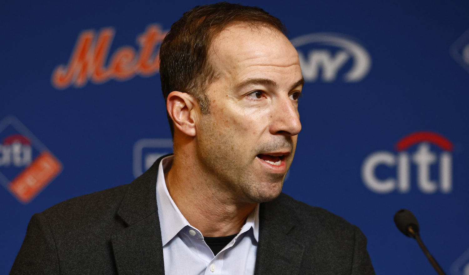 NEW YORK, NY - DECEMBER 20: General manager Billy Eppler of the New York Mets talks during a press conference to introduce pitcher Justin Verlander at Citi Field on December 20, 2022 in New York City. (Photo by Rich Schultz/Getty Images)