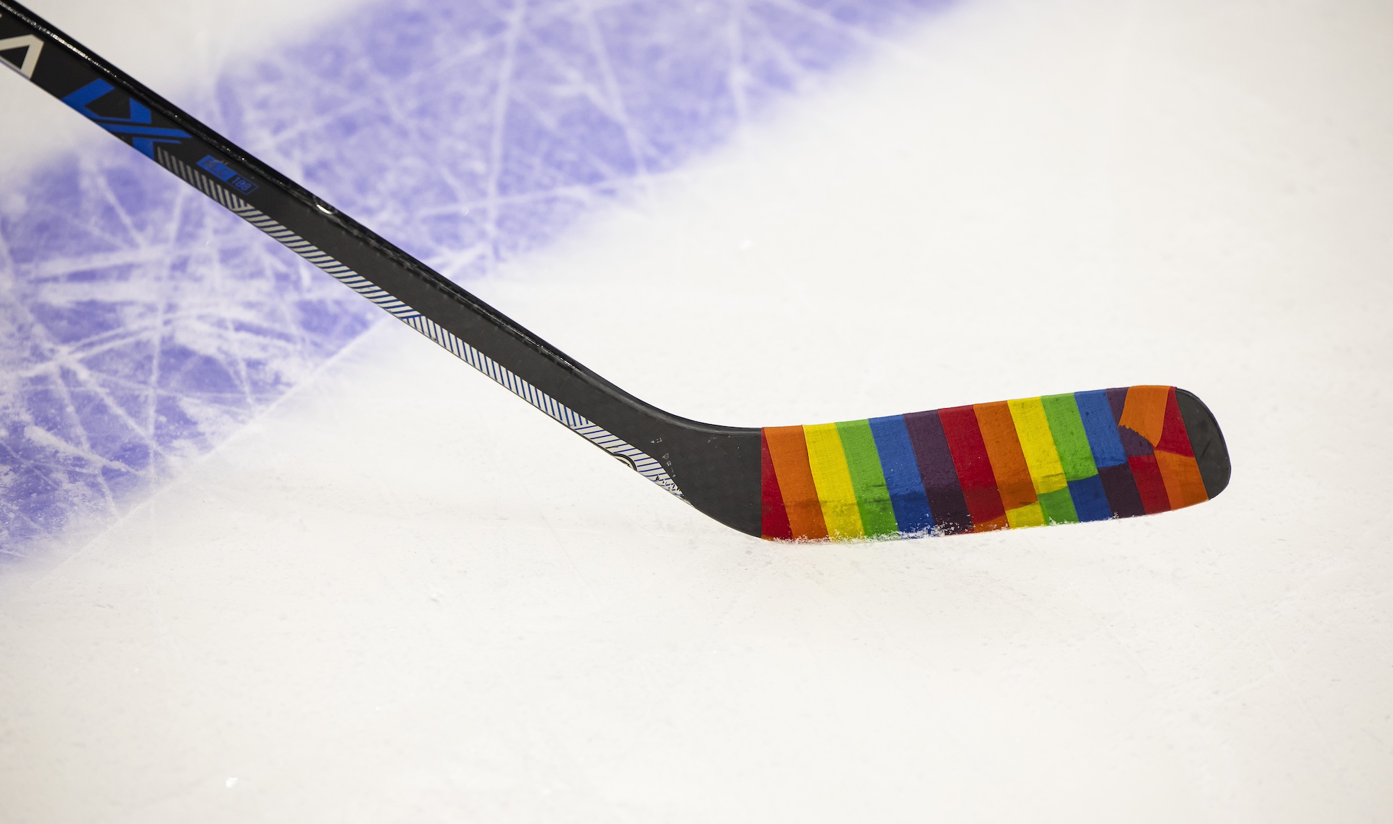 TAMPA, FL - MARCH 7: Players from the Tampa Bay Lightning skate during warmups with special hockey tape for Pride Night against the Philadelphia Flyers at Amalie Arena on March 7, 2023 in Tampa, Florida. (Photo by Mark LoMoglio/NHLI via Getty Images)