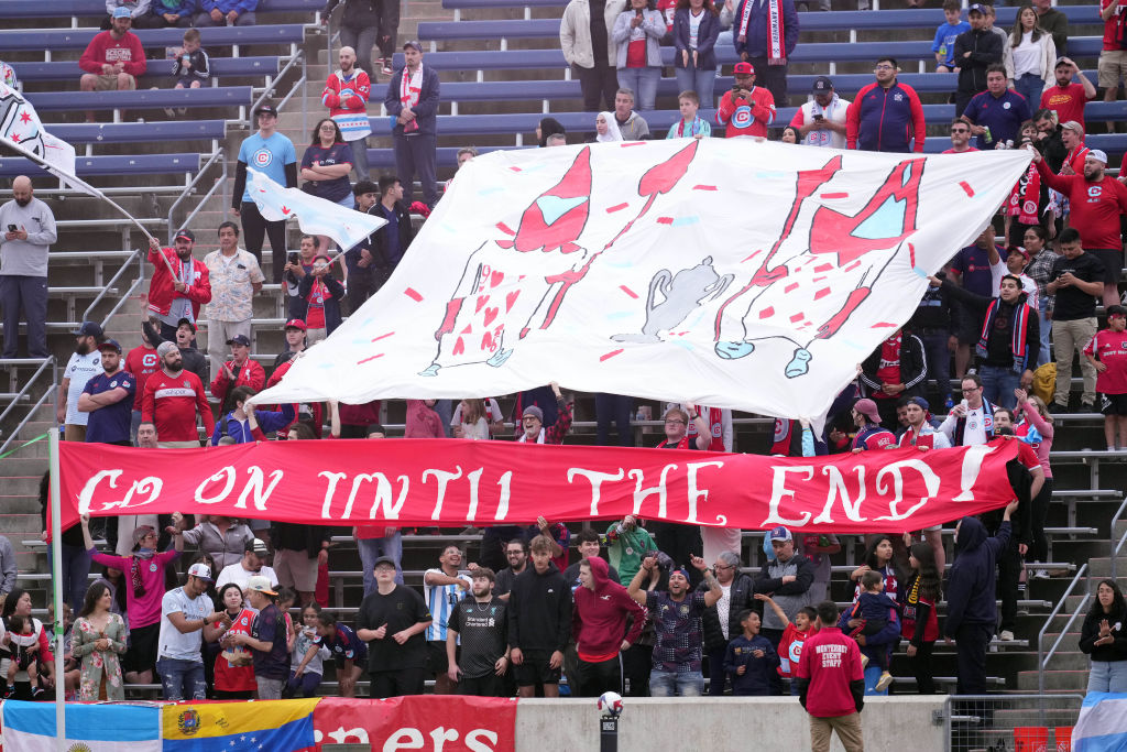 Chicago Fire fans celebrate from the stands at SeatGeek Stadium on June 6, 2023 in Bridgeview, Illinois.