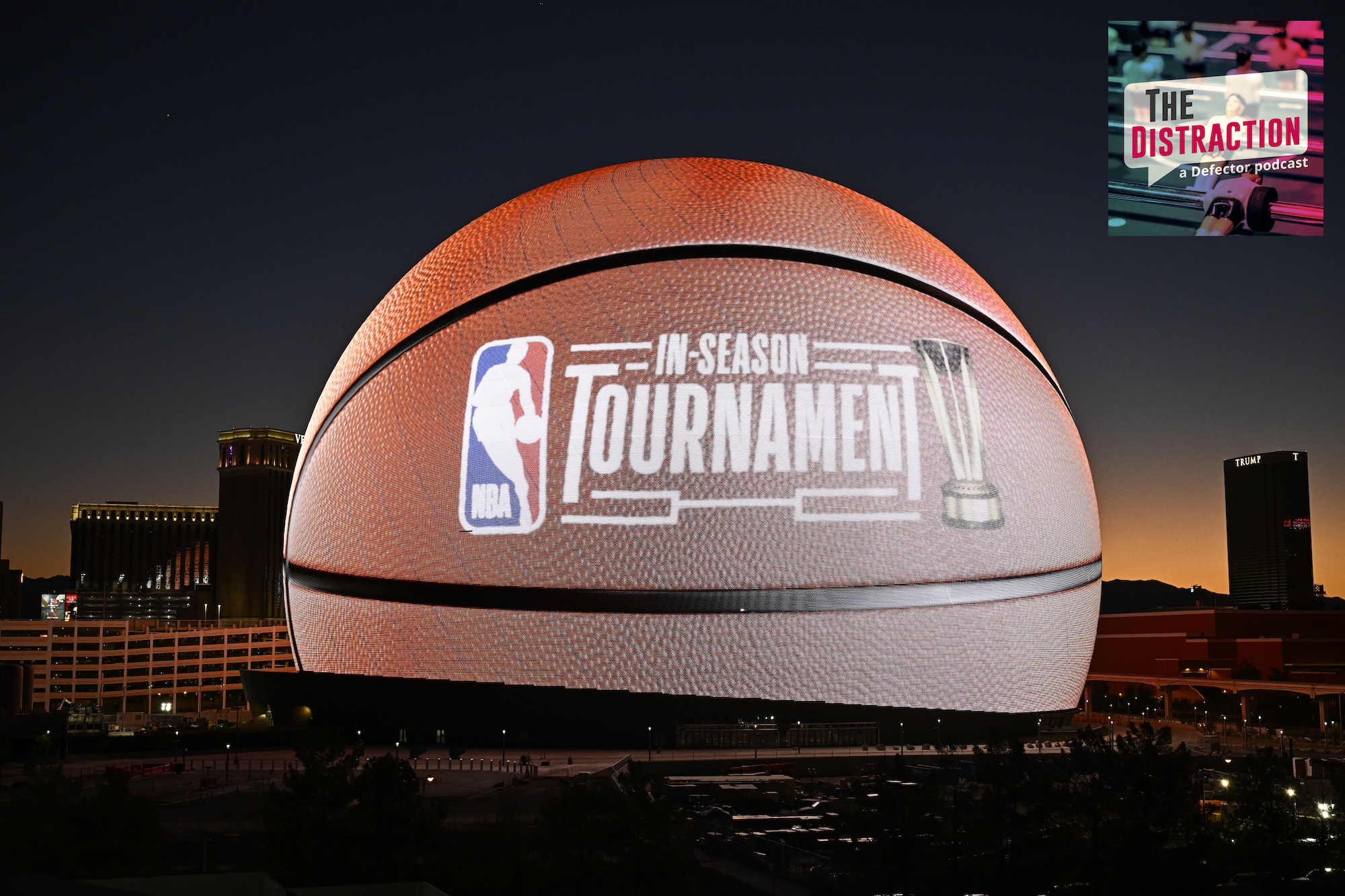 LAS VEGAS, NV - JULY 8: Sphere displays the In Season Tournament visuals on its exterior, the largest LED screen on Earth, during the 2023 Las Vegas Summer League on July 8, 2023 in Las Vegas, Nevada. NOTE TO USER: User expressly acknowledges and agrees that, by downloading and/or using this Photograph, user is consenting to the terms and conditions of the Getty Images License Agreement. Mandatory Copyright Notice: Copyright 2023 NBAE (Photo by David Dow/NBAE via Getty Images)