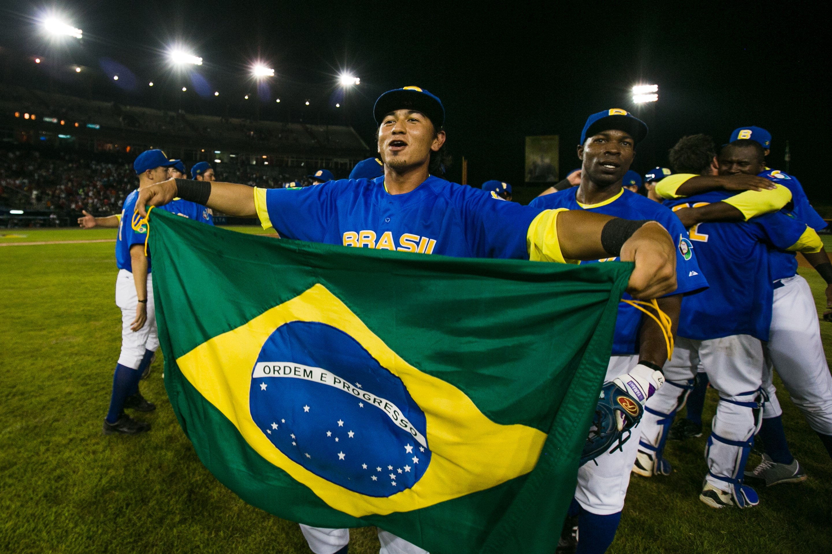 Pedro Okuda of Team Brazil celebrates a win over Panama in the WBC qualifiers in 2012.