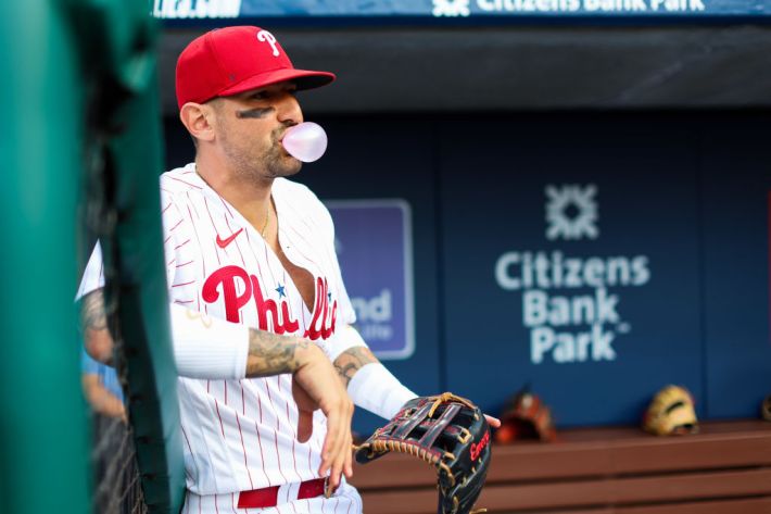 PHILADELPHIA, PA - MAY 21: Nick Castellanos #8 of the Philadelphia Phillies  at bat during the game against the Chicago Cubs at Citizens Bank Park on  May 20, 2023 in Philadelphia, Pennsylvania. (