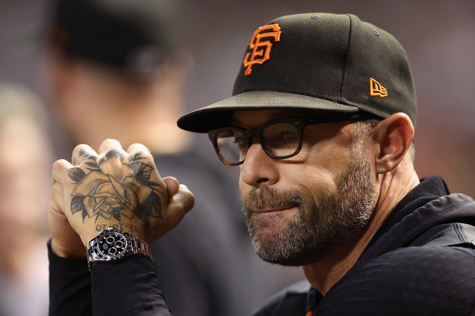 PHOENIX, ARIZONA - SEPTEMBER 19: Manager Gabe Kapler #19 of the San Francisco Giants watches from the dugout during the first inning of the MLB game against the Arizona Diamondbacks at Chase Field on September 19, 2023 in Phoenix, Arizona. (Photo by Christian Petersen/Getty Images)