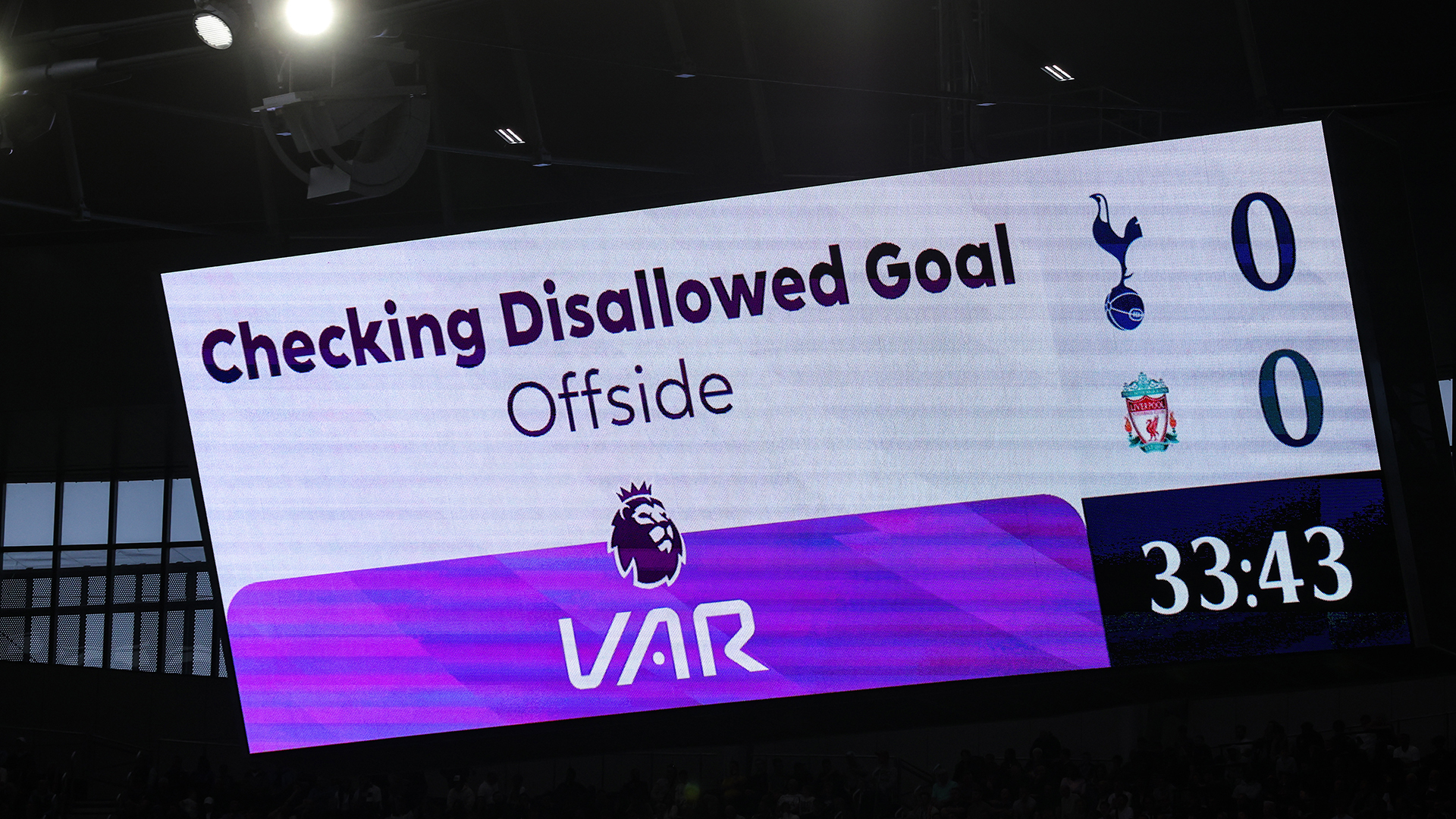 The giant screen shows a goal from Luis Diaz of Liverpool being checked for offside by VAR during the Premier League match between Tottenham Hotspur and Liverpool FC at Tottenham Hotspur Stadium on September 30, 2023 in London, England.