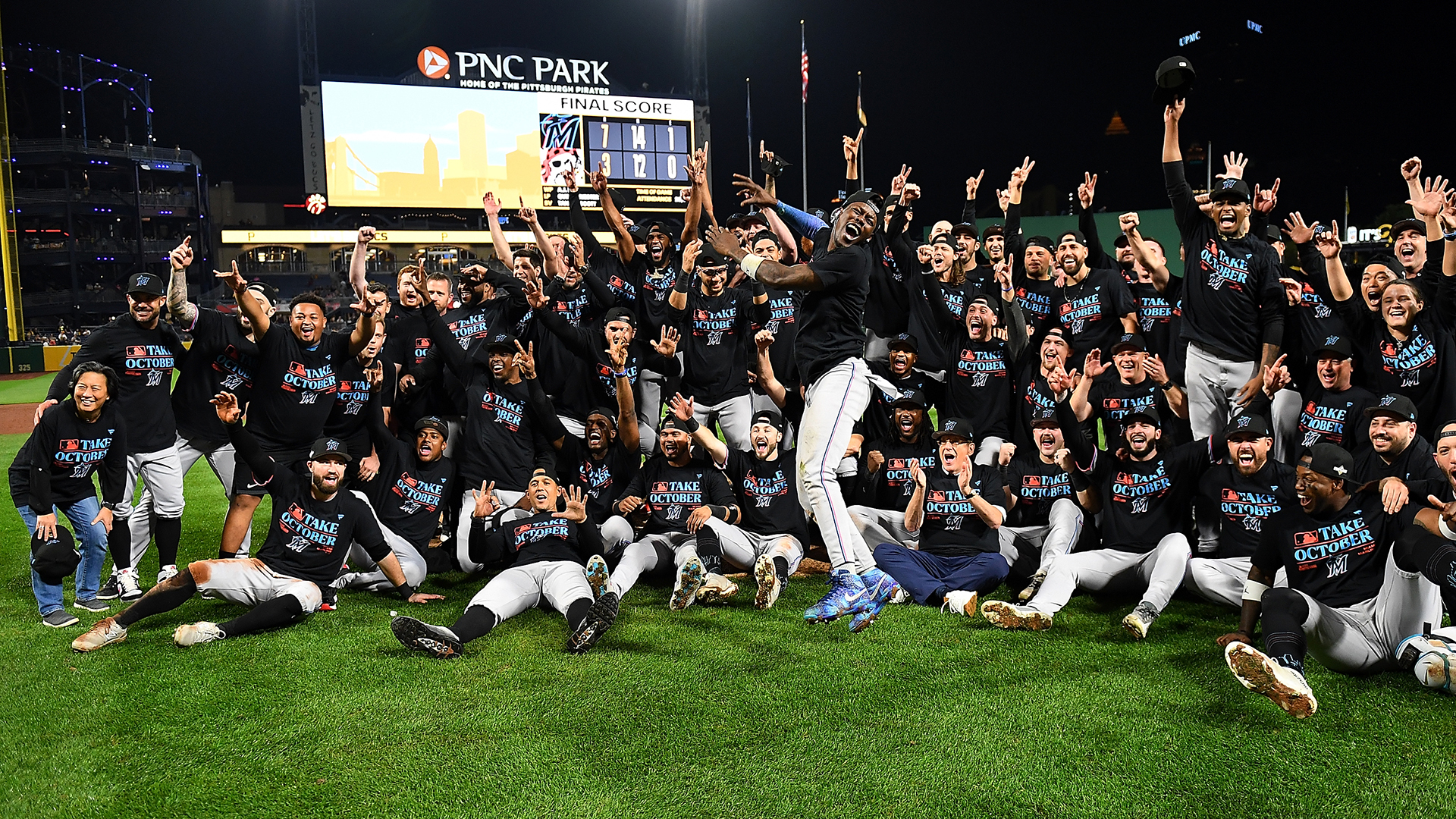 Members Miami Marlins celebrate after a 7-3 win over the Pittsburgh Pirates to clinch an National Leauge Wildcard berth at PNC Park on September 30, 2023 in Pittsburgh, Pennsylvania.