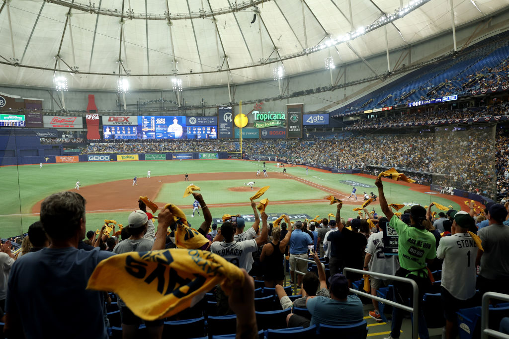 A general view of Tropicana Field during Game 1 of the Wild Card Series between the Texas Rangers and the Tampa Bay Rays at Tropicana Field on Tuesday, October 3, 2023 in Tampa, Florida.