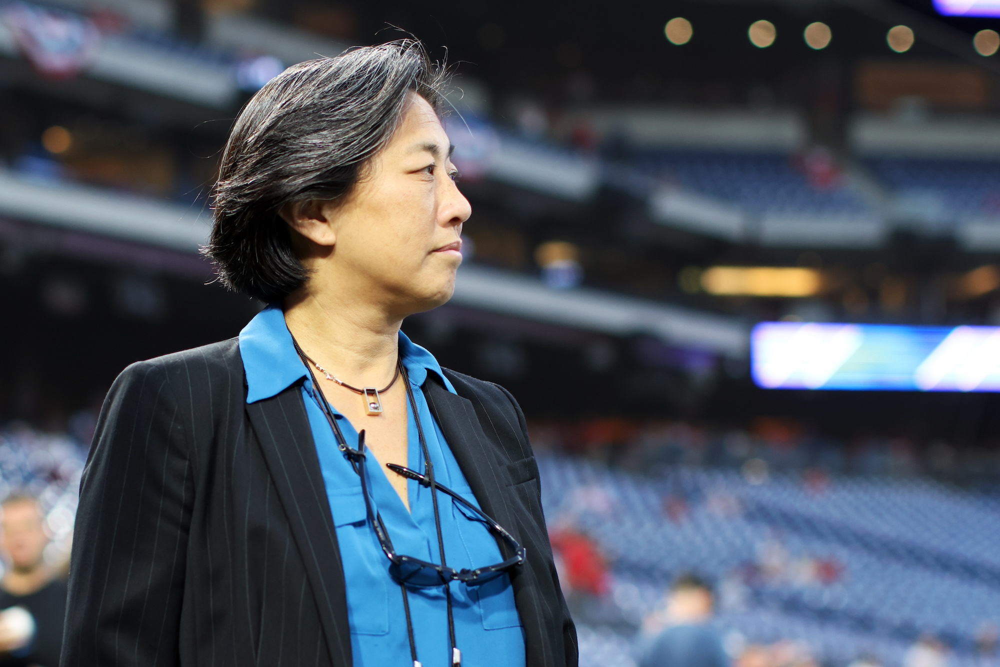 PHILADELPHIA, PA - OCTOBER 03: Miami Marlins general manager Kim Ng looks on prior to Game 1 of the Wild Card Series between the Miami Marlins and the Philadelphia Phillies at Citizens Bank Park on Tuesday, October 3, 2023 in Philadelphia, Pennsylvania. (Photo by Rob Tringali/MLB Photos via Getty Images)