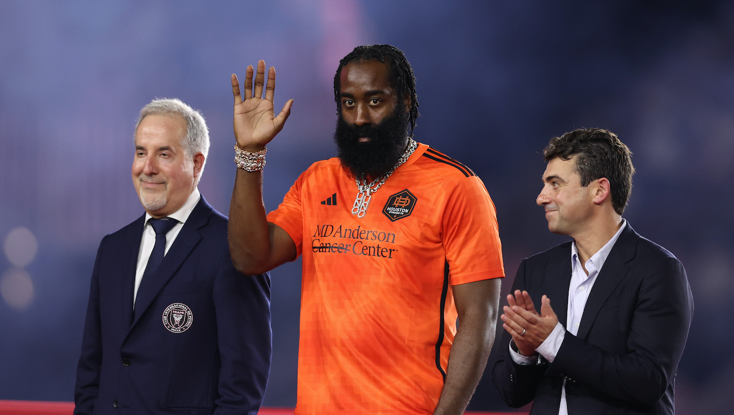 FORT LAUDERDALE, FLORIDA - SEPTEMBER 27: Houston Dynamo owner James Harden waves to the fans after the 2023 U.S. Open Cup Final against the Inter Miami at DRV PNK Stadium on September 27, 2023 in Fort Lauderdale, Florida. (Photo by Megan Briggs/Getty Images)