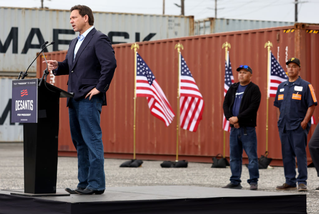 Republican presidential candidate Florida Gov. Ron DeSantis speaks at a campaign event at the Los Angeles Harbor Grain Terminal on September 29, 2023 in Long Beach, California. DeSantis is scheduled to speak at the California Republican Party Fall Convention in Anaheim, California later today.
