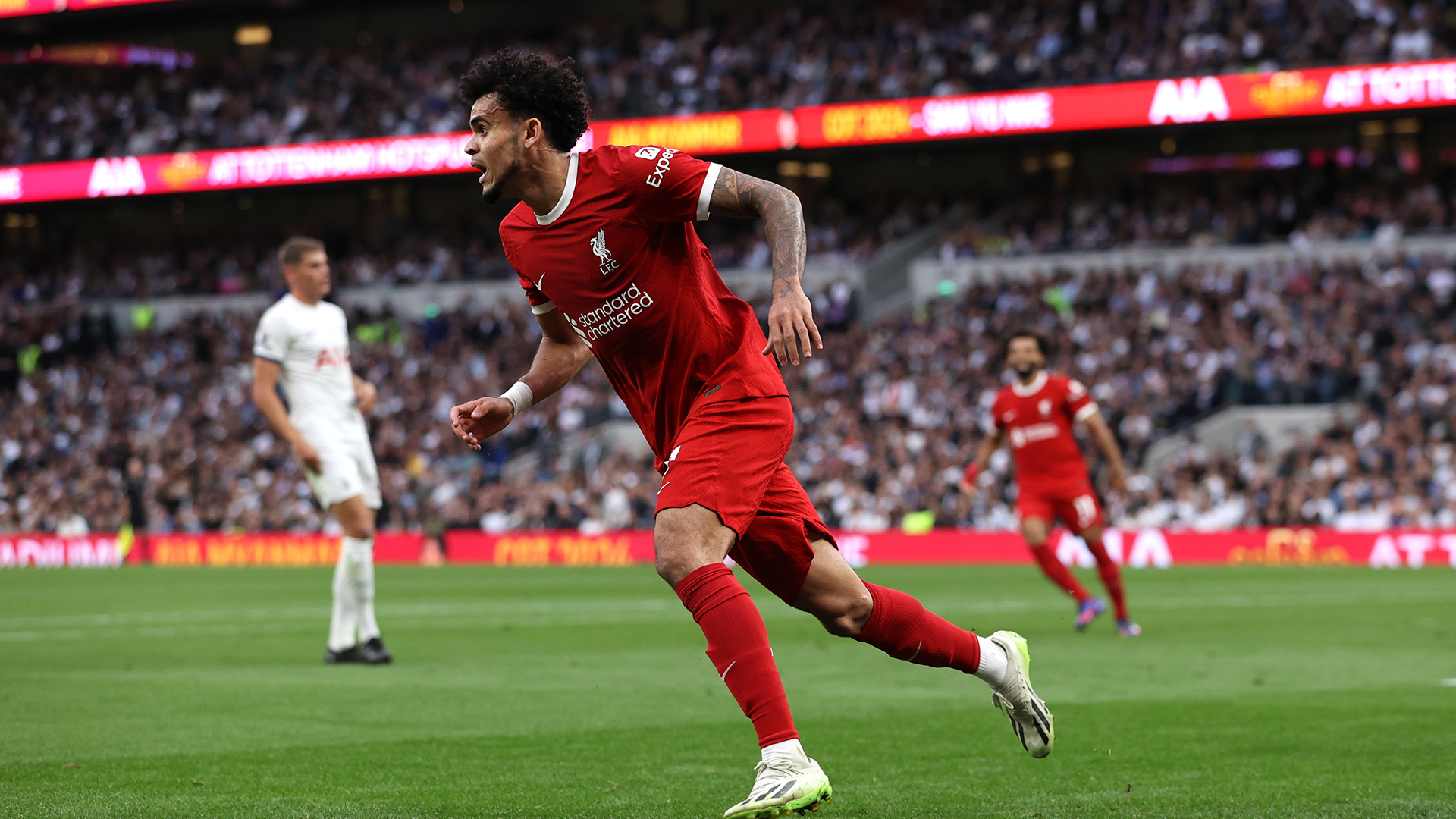 Luis Diaz of Liverpool reacts after a goal was rules offside during the Premier League match between Tottenham Hotspur and Liverpool FC at Tottenham Hotspur Stadium on September 30, 2023 in London, England.