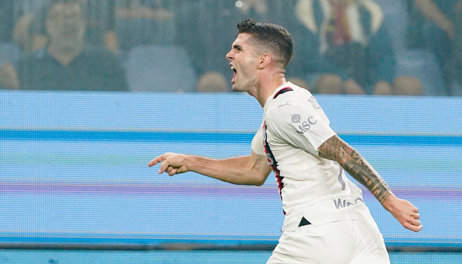 Christian Pulisic of AC Milan celebrates after scoring first goal during the Serie A Tim match between Genoa CFC and AC Milan at Luigi Ferrari Stadium on October 7, 2023 in Genoa, Italy. (Photo by Giuseppe Maffia/NurPhoto via Getty Images)