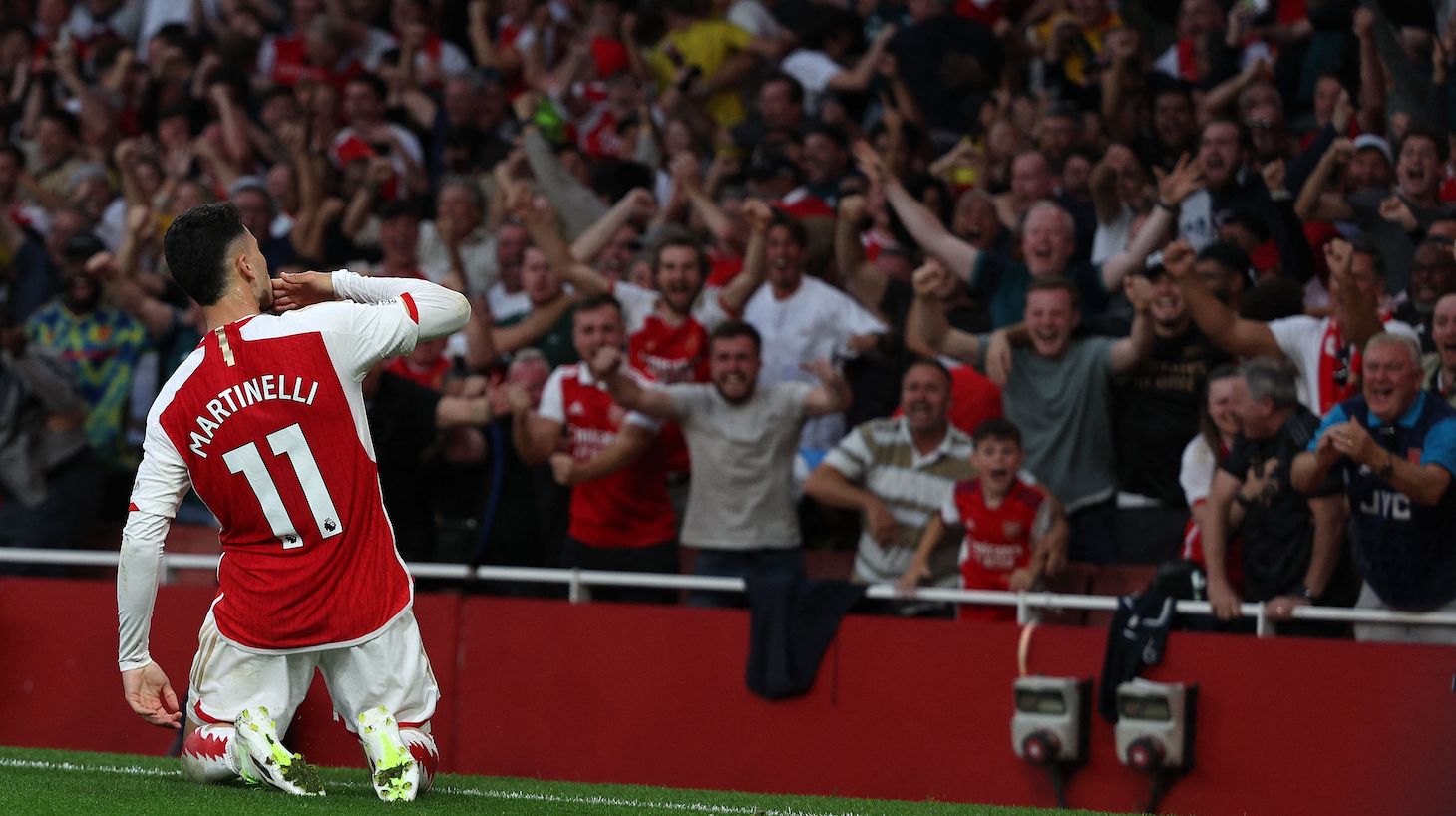 Arsenal's Brazilian midfielder #11 Gabriel Martinelli celebrates after scoring the opening goal during the English Premier League football match between Arsenal and Manchester City at the Emirates Stadium in London on October 8, 2023.