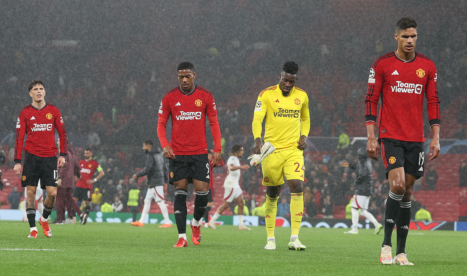 MANCHESTER, ENGLAND - OCTOBER 03: Anthony Martial, Andre Onana of Manchester United walks off during the UEFA Champions League match between Manchester United and Galatasaray A.S. at Old Trafford on October 03, 2023 in Manchester, England. (Photo by Matthew Peters/Manchester United via Getty Images)