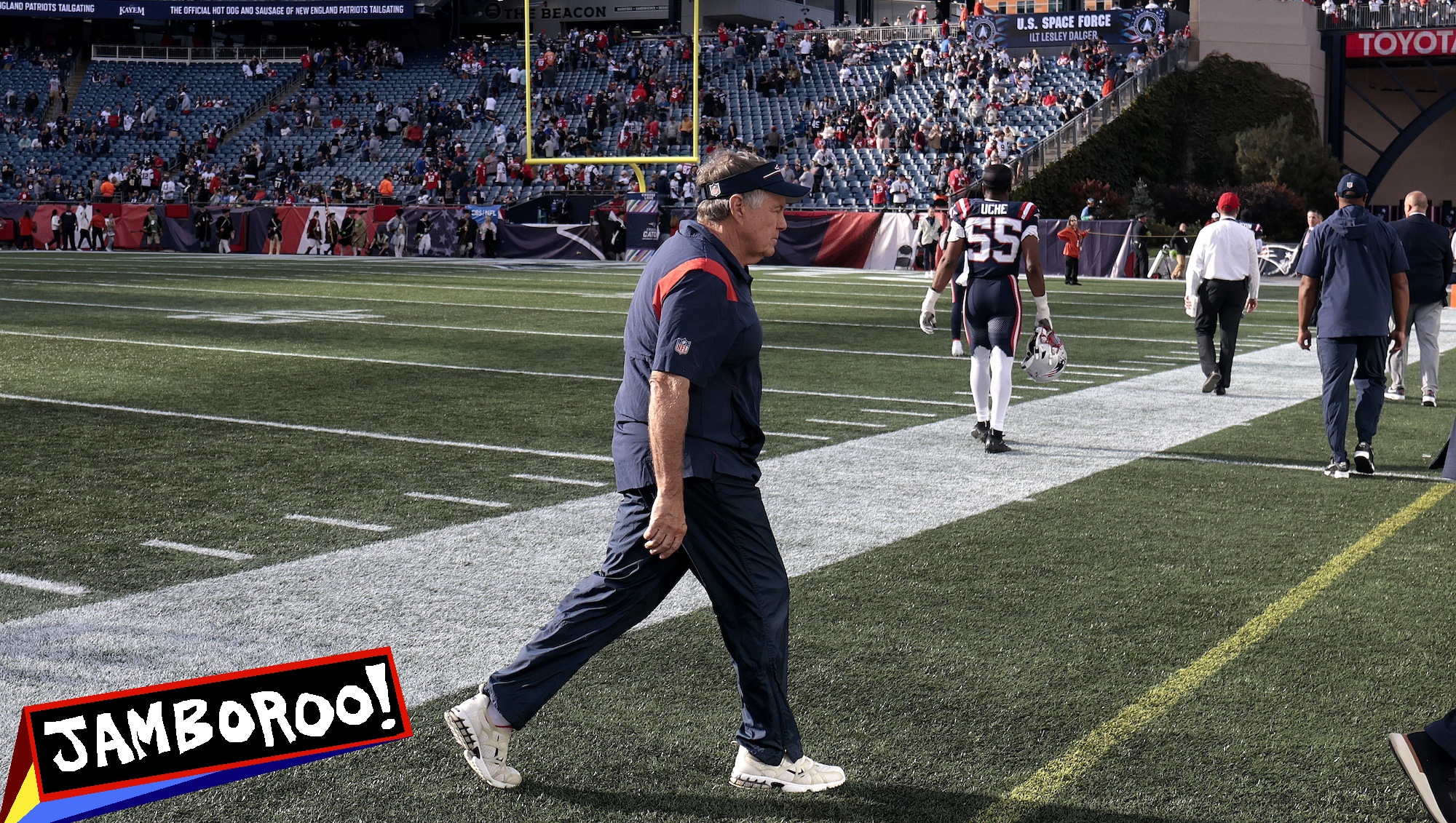 Foxborough, MA - October 8: New England Patriots head coach Bill Belichick walks off the field following the game. The Patriots lost to the New Orleans Saints, 34-0. (Photo by Barry Chin/The Boston Globe via Getty Images)