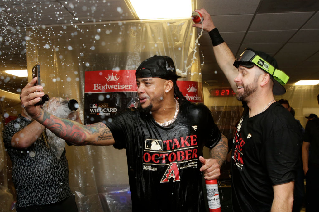 Ketel Marte #4 of the Arizona Diamondbacks celebrates defeating the Milwaukee Brewers in Game Two of the Wild Card Series at American Family Field on October 04, 2023 in Milwaukee, Wisconsin.