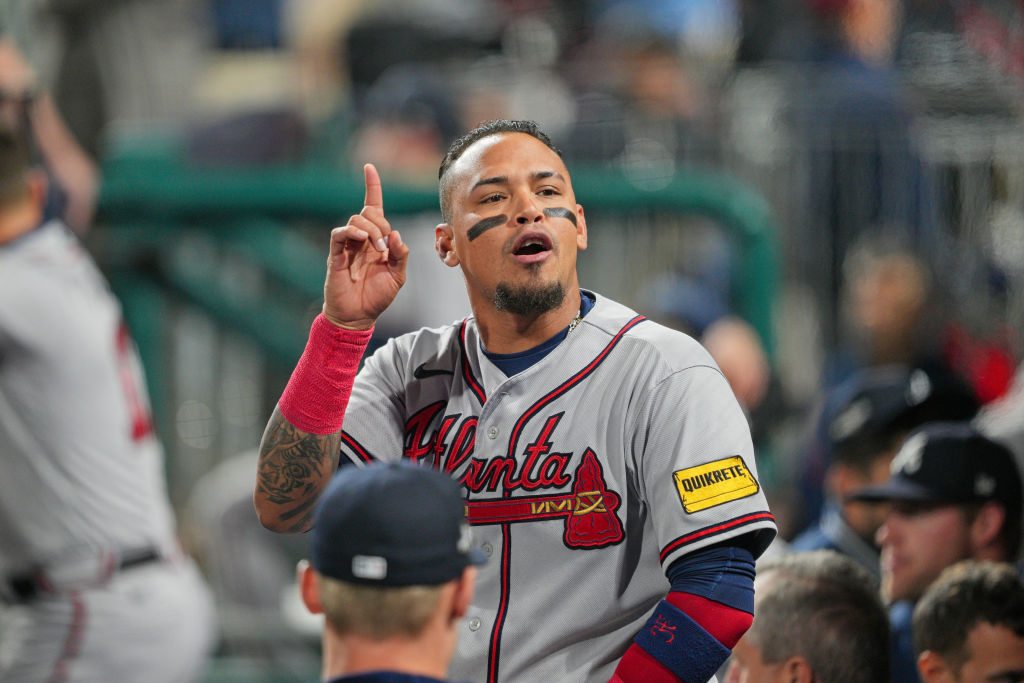 Atlanta Braves shortstop Orlando Arcia (11) gestures to fans during game four of the NLDS game between the Atlanta Braves and the Philadelphia Phillies on October 12, 2023, at Citizens Bank Park.